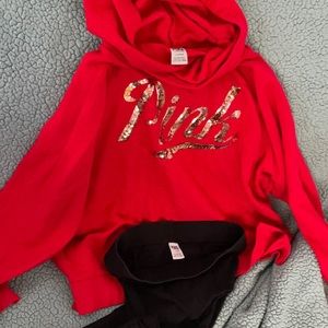 Victoria Secrets Pink sweatshirt and the Black leggings are Pink brand as well